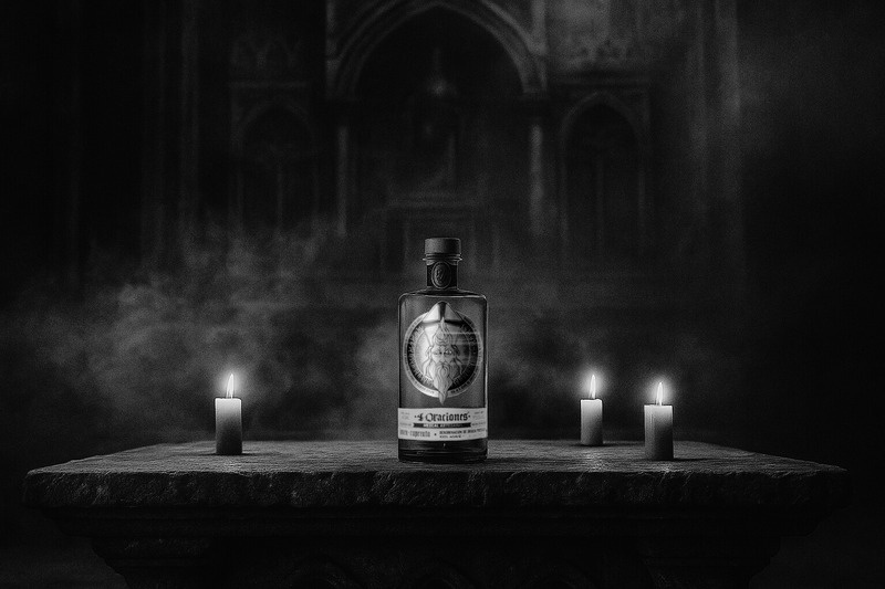 4 Oraciones mezcal bottle in a dark setting with candles