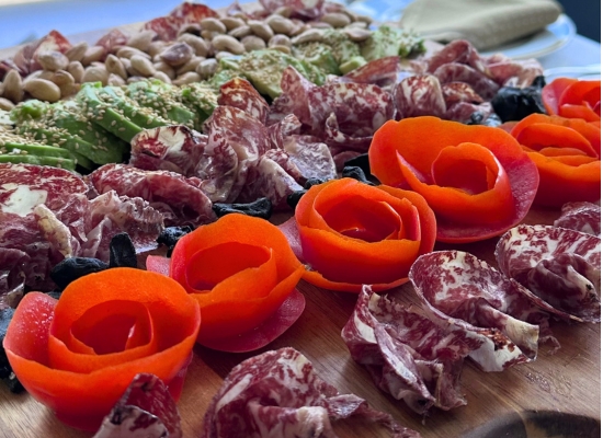 Entrepeñas Wagyu cecina arranged with accompaniments on a serving board