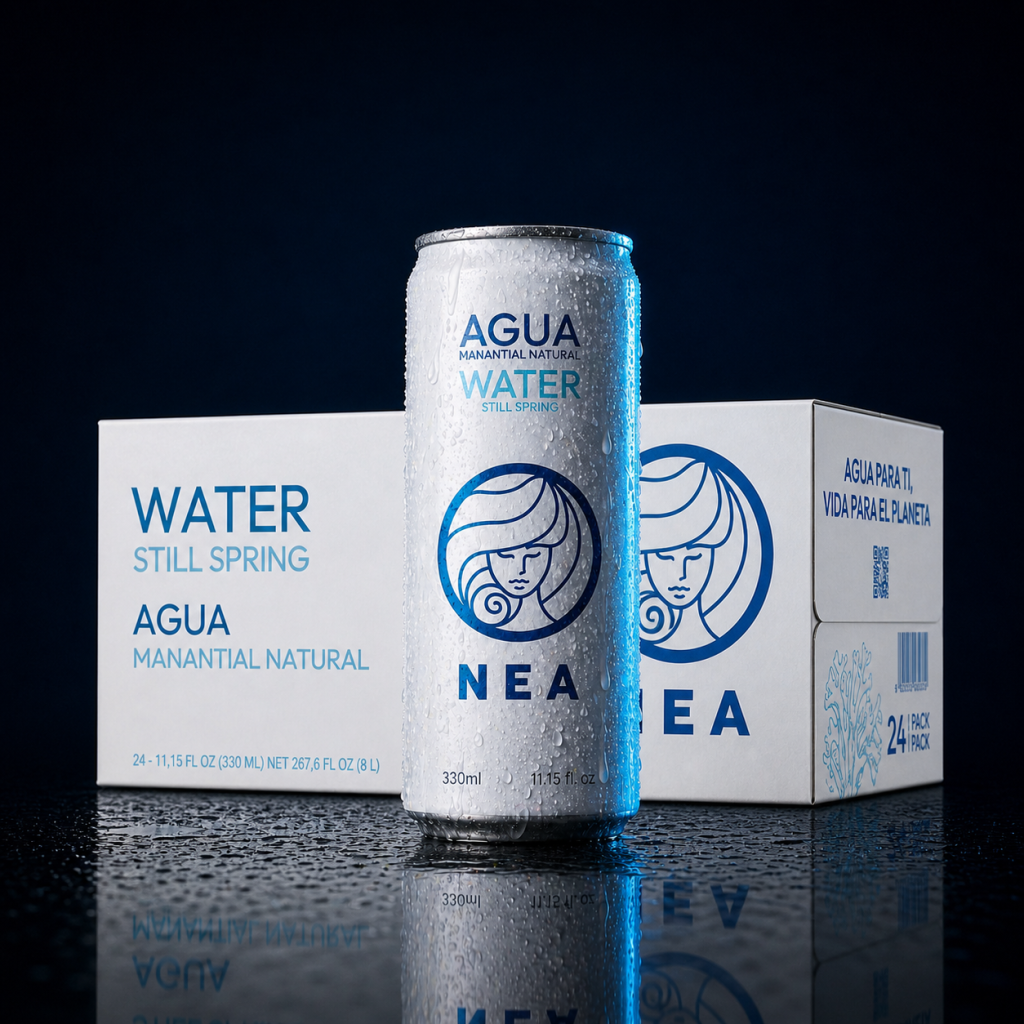 NEA spring water can in front of its branded delivery case