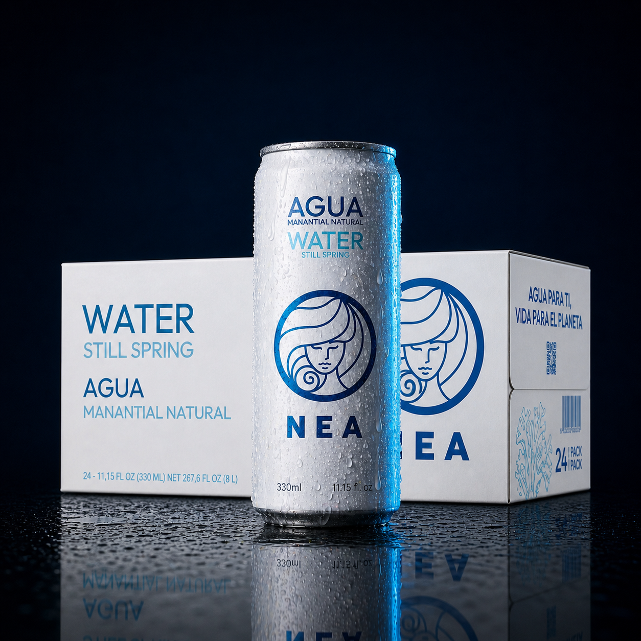 NEA spring water can in front of its branded delivery case